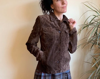 Brown Suede Jacket for Women Size M L , Vintage Suede Trucker Jacket, Distressed Suede Leather Coat, Casual Western Button Up Leather Jacket