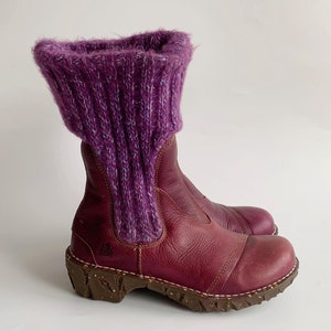 Vintage Y2K El Naturalista dikke winterlaarzen voor dames 36 EUR UK 3 US 5,5, bordeauxrode leren laarzen, warm gevoerde enkellaarzen