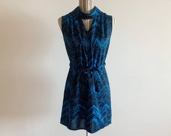 Vintage 60s Cobalt Blue and Black Mini Dress Size S, Sheer Thin Jersey Chevron Tie Up Belted Shift Dress, High Neck Short Collared Dress