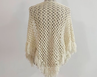 Vintage Ecru Crochet Lace Shawl with Tassels, Mesh Fishnet  Bohemian Shawl, Shabby Chic Cream Beige Fringed Shawl, Boho Triangle Shawl