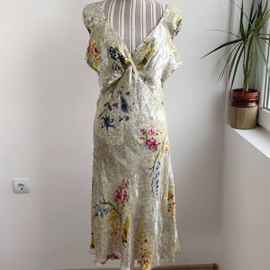 Y2K Tone Barker Double Sided Silk Dress Size L XL, Luxury V Neck Sleeveless Floral Silk Midi Dress, Flared Silk Sundress, Romantic Day Dress