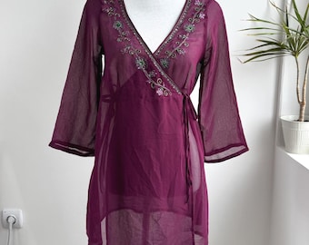 Purple Embroidered Wrap Tunic, Beaded Sequin Boho Blouse, Y2K Sheer Chiffon Top, Lindex Vintage Wrap Top, Floral Embroidery Festival Shirt S