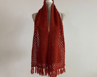 Burnt Orange Crochet Scarf with Tassels, Unisex Long Fringed Scarf, Bulky Acrylic Wool Winter Scarf, Cozy Oversized Scarf, Knit Neck Warmer