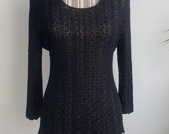 Vintage Schwarzer Spitzenpullover Größe M L, Mesh Häkeltop, Schiere Strickbluse, Durchsichtig Strickpullover, Boho Overlay Pullover