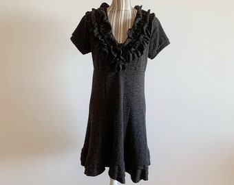 Vestido informal de lana para mujer, talla L, vestido vintage Y2K de manga corta para invierno, vestido gris de lana con cuello en V y volantes, vestido midi tipo suéter de corte A
