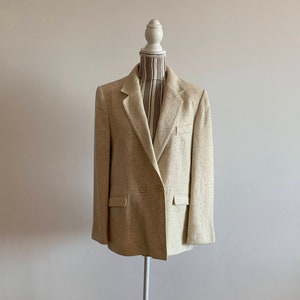 Blazer en tweed de laine ivoire pour femme taille 42 M, blazer boyfriend oversize vintage, manteau croisé pour homme, veste en laine ample unisexe image 1