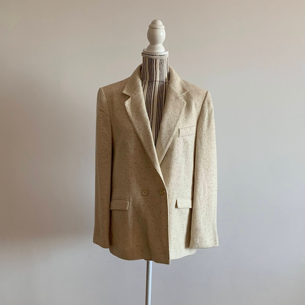 Ivory Wolle Tweed Blazer für Frauen Größe 42 M, Vintage Oversized Boyfriend Blazer, Zweireihiger Herrenmantel, Unisex Loose Fit Wolljacke