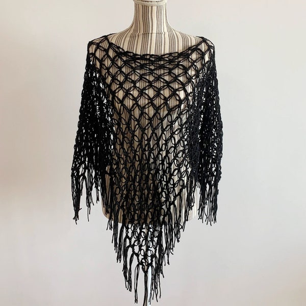 Vintage Black Lace Crochet Poncho for Women, Lightweight Fishnet Acrylic Wool Poncho, Fringed Shawl Wrap, Bohemian Mesh Pullover Sweater