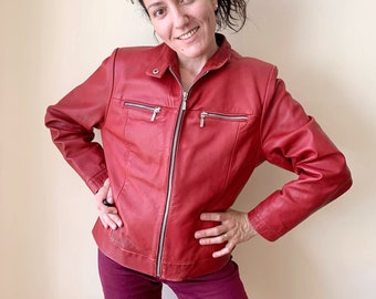 90年代ヴィンテージレッドレザーバイカークロップジャケット - サイズM