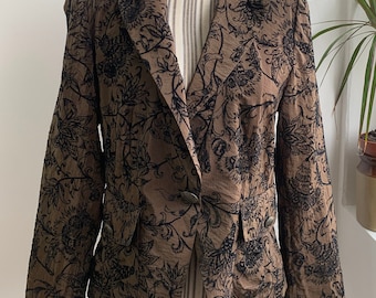 Vintage Satin Floral Blazer for Women Size S M, Olive Green Brown Paisley Blazer Coat, Lightweight Velvet Embroidery Jacket, Party Outerwear