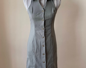 Vintage 90s Khaki Shirt Dress Size S M, Polo Collared Button Down Dress, Sleeveless Midi Dress, Basic Safari Dress, Cotton Summer Dress