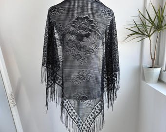 Vintage Black Lace Shawl, Rose Pattern Mesh Shawl, Sheer Fringe Scarf, Spanish Style Shawl, Gothic Lace Wrap, Evening Art Deco Witchy Shawl