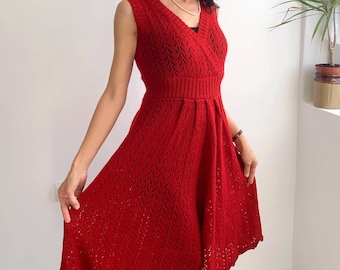 Vintage Knitted Red Wool A-line Midi Dress Size S, Feminine Wool Sweater Dress, High Waist Lace Knitted Tunic, Sleeveless Knit Wool Dress