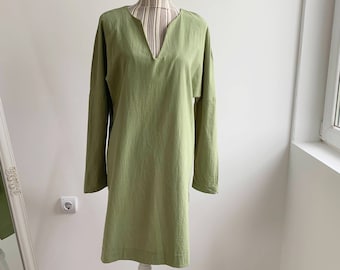 Vintage Sage Green Tunic Top Size M, Loose Fit Cotton Tunic, V Neck Long Sleeve Relaxed Kurti, Boho Kaftan Shirt, Tunic Dress, Resort Wear