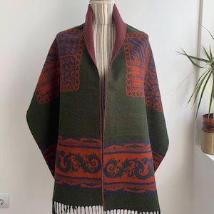 90s Double Sided Oversized Wool Scarf, Vintage Warm Chunky Blanket Scarf, Large Soft Shawl Wrap, Green Burgundy Long Wide Fringed Coat Scarf