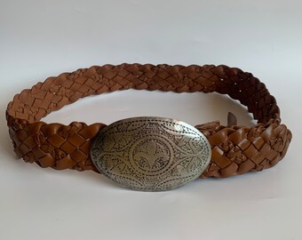 Vintage Tan Brown Leather Belt with Engraved Oval Buckle, Boho Hippie Woven Leather Wide Hip Belt, Bohemian Women's Waist Belt, 37" /95 cm