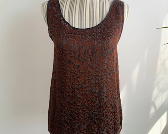 Camiseta sin mangas de seda con malla vintage, talla XS, camiseta de tirantes de encaje transparente, camiseta de tirantes de terciopelo desgastado, blusa sin mangas con estampado floral de cachemira en marrón óxido