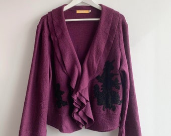 Vintage Purple Wool Blazer for Women Size XL, Unlined Wool Blazer with Ruffled Neckline, Short Wool Coat, Wool Cropped Jacket, Wool Cardigan