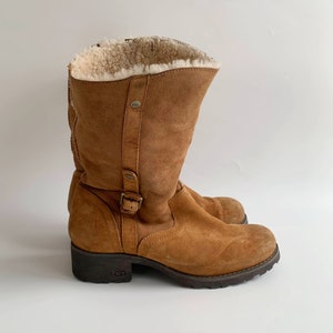 Vintage ugg-laarzen voor dames 39 EUR UK 6 US 8, kameelbruine leren laarzen, platte suède laarzen, halfhoge nubucklaarzen, lage nubucklaarzen