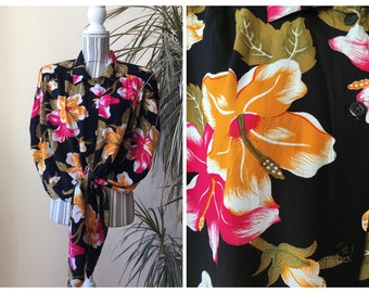 Vintage Button Down Floral Shoulder Pad Shirt, Tropical Tie Front Blouse, Hawaiian High Low Asymmetrical Women's Crop Top