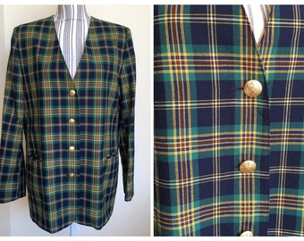 Vintage 80s Westerlind Oversized Checkered Blazer Jacket for Women, Green and Yellow Plaid Coat With Pockets and Gold Buttons Size L
