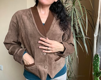 Vintage Suede Leather Jacket for Women Size 36 S, 80s Cropped Leather Jacket, Brown Suede Coat, 3 Button Blazer, Bohemian Bomber Jacket