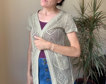 Vintage 90s Lace Knit Cardigan for Women Size XS/S, Open Front Short Sleeve Mesh Summer Sweater, Beige See Through Tie Up Beach Cover Up
