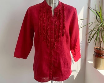 Rotes Leinenhemd Größe M, Vintage entspannte Leinenbluse, lässiges formelles Leinenoberteil für Frauen, elegante Sommerkleidung, 3/4-Ärmel mit Knöpfen