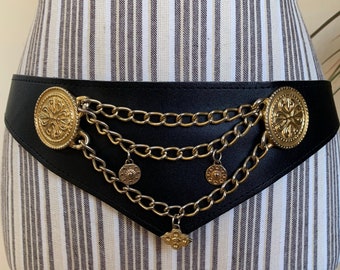 Wide Tribal Fusion Belt for Women, Vintage Black Leather Gold Chain Belt, Drop Waist Belly Dance Hip Jewelry Belt, Costume Corset Belt