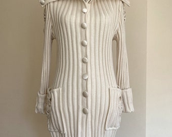 Cárdigan de encaje de crochet con cuello largo en blanco roto para mujer, talla S M, suéter de punto con botones en color crema y bolsillos, cárdigan con cuello chal