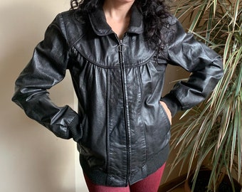 Blouson aviateur en cuir noir pour femme taille M L, veste courte zippée en cuir véritable avec poches, veste de moto vintage pour femme