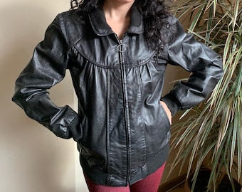 Black Leather Bomber Jacket for Women Size M L, Genuine Leather Cropped Leather Zip Up Jacket with Pockets, Ladies Vintage Motorcycle Jacket