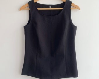 Czarny top z lat 90. dla kobiet, rozmiar S, szeroki pasek, dekolt w łódkę, prosta koszulka, zamek błyskawiczny z boku, minimalistyczna bluzka bez rękawów, elegancka koszula biurowa