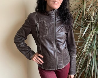 Chaqueta de moto de cuero marrón para mujer, talla 36 S, chaqueta vintage de cuero genuino Y2K, blazer de cuero corto con cremallera, abrigo de cuero corto