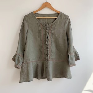 Może przedstawiać: Zielona lniana bluzka z koronkową lamówką i zapięciem na guziki. Bluzka ma lekko rozkloszowany dół i 3/4 rękawy.