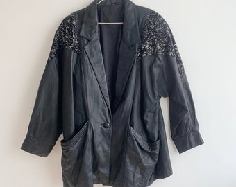 Women's Vintage Oversized Jacket Size L, Ladies Leather Jacket, 90s Black Leather Jacket, Natural Leather Biker Jacket, Baggy Bomber Jacket
