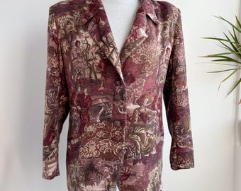Vintage Floral Tapestry Blazer Women, Italian Wool Jacquard Jacket, 90s Cottagecore Toile Coat, Burgundy Pink Oversized Blazer Gift for Her