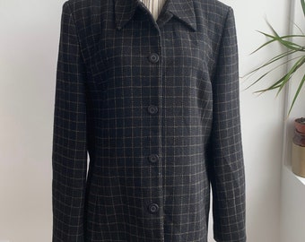 Vintage Black Tweed Blazer for Women Size L With Camel Plaid Print, Alpaca Check Wool Blazer, Collared Cropped Wool Coat, Mod Autumn Jacket