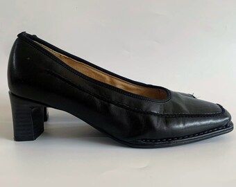 Vintage Black Heeled Loafers for Women, 90s Classic Square Toe Leather Shoes, Elegant Office Slip Ons, High Heel Mules, Y2K Pumps Size UK 4