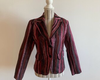 Burgundy Red Rose Pink Striped Cotton Velvet Blazer for Women Size M, Elegant Corduroy Cropped Coat, Slim Fit 2 Button Velveteen Jacket