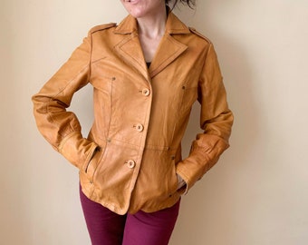 Camel Brown Leather Blazer for Women Size 38 S M, Vintage 90s Tan Leather Blazer, Three Button Blazer Jacket, Casual Leather Jacket