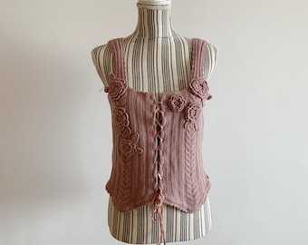 Camiseta sin mangas de crochet con polvo de rosa, talla L, top tipo corsé con flores en rosa pálido, top tipo corsé con cordones estilo vintage Y2K, top corto de punto de mezcla de lana de angora suave