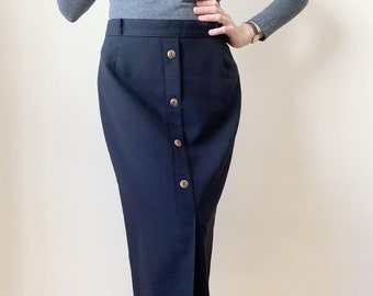 Black Midi Skirt With Gold Buttons Size M, Vintage 90s Robert Daniel Straight Mid Calf Fine Wool Skirt, Modest Fall Office Secretary Clothes