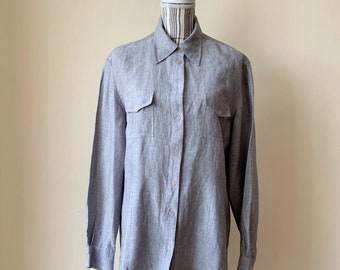 Grey Linen Shirt for Women Size L, Vintage Long Linen Button Up Shirt, Oversized Loose Fit Longline Overshirt, Long Sleeve Linen Blouse