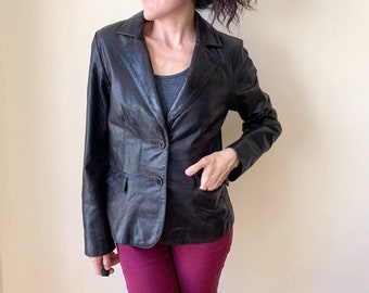 Vintage 90s Brown Leather Jacket for Women Size 36 S, Distressed Leather Jacket, Cropped Leather Blazer, Boho Fitted Leather Coat Size Small