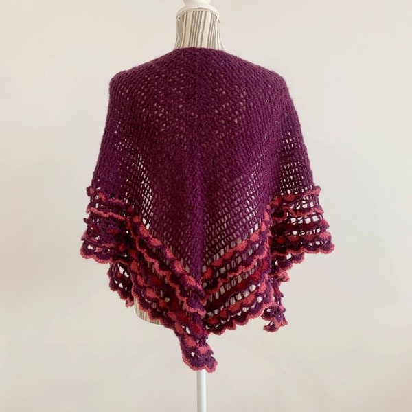 Vintage Bohemian Style Crochet Shawl, Eggplant Purple Lace Shawl, Burgundy Pink Piano Shawl, Ruffled Knit Boho Shawl, Gypsy Triangle Shawl