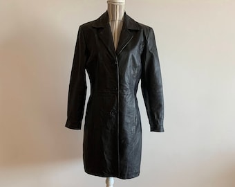 Gabardina de cuero negra para mujer talla M, abrigo vintage de cuero auténtico de los años 90, chaqueta de cuero con botones, blazer largo de cuero