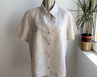 Beige Linen Short Sleeve Shirt Size XXL, Vintage Boho Button Up Blouse with Collar, Summer Embroidery Shirt For Women,  Plus Size Flax Top