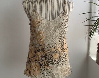 Vintage 90er-Jahre Sommer-Cami-Top mit Blumen- und Leopardenmuster, Größe S, ärmellose Chiffonbluse mit V-Ausschnitt, Boho-Grunge-Urlaubs-Spaghettiträger-Tanktop
