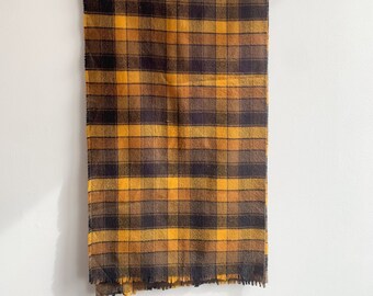 Vintage 80s Checkered Scarf, Warm Wool Scarf for Men or Women, Long Soft Fluffy Check Scarf, Unisex Retro Yellow Brown Plaid Neck Scarf